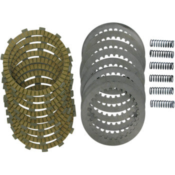 The Clutch Kit by Hinson Racing, featuring friction plates, steel plates, and coil springs, is arranged neatly on a white background next to a clutch basket.