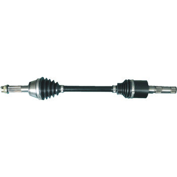 Black metal CV axle shaft with rubber protective boots on both ends and splined metal connectors for Polaris Ranger rear.