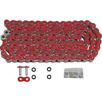 The 520 X1R3 Chain 94 Link by JT Chains features durable red and silver steel links, two black O-rings, a red connecting link with two pins, and includes a small packet of lubricant.