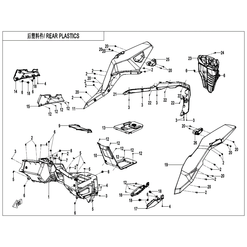 An Image of a Genuine CFMOTO Parts Schematic Diagram showing the schematic - REAR PLASTIC - 2022 CFMOTO ZFORCE 950 Sport