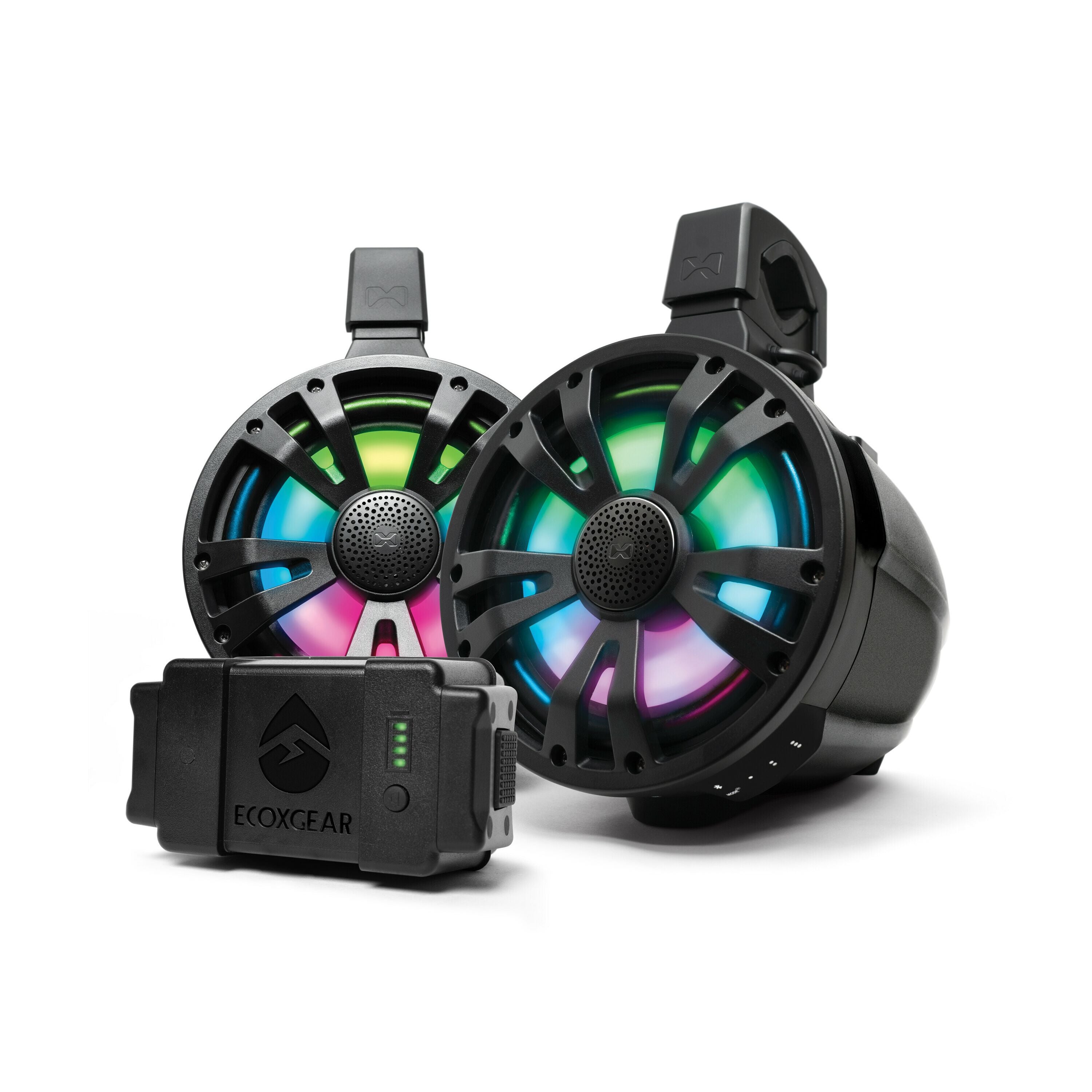 The EcoXGear Extreme Tower 2-Pack features two black 8" marine speakers—one with a built-in amp and battery, one non-amp—both with multicolored LED lights and top mounting brackets, shown on a white background.
