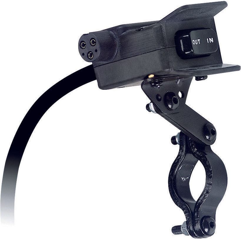Close-up of the VRX Winch Replacement Handlebar Switch by Warn: a black handlebar-mounted electrical switch with “IN” and “OUT” buttons, metal bracket, clamp, bolts, and black cable—perfect replacement for your ATV winch.