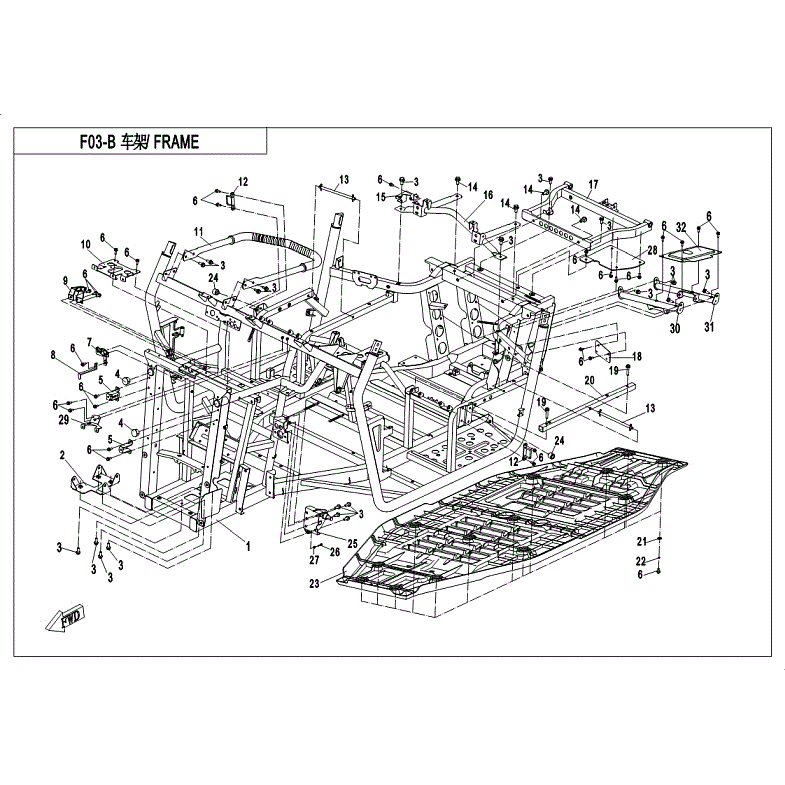 An Image of a Genuine CFMOTO Parts Schematic Diagram showing the schematic - FRAME - 2018 CFMOTO UFORCE 500