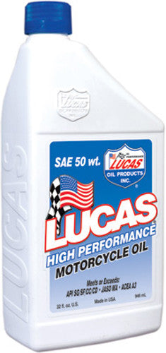 A 1 qt white bottle of Lucas High Performance Engine Oil 50Wt features a blue label with the Lucas logo, a checkered flag, and SAE 50 weight info. Formulated to meet JASO specs to help extend engine life. Contains 32 fl oz.