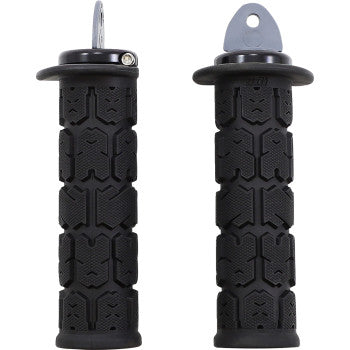 Two black textured ATV Rogue PWC Grips by Odi feature patterned surfaces and gray metal mounting tabs for enhanced shock absorption, displayed upright side by side against a white background.