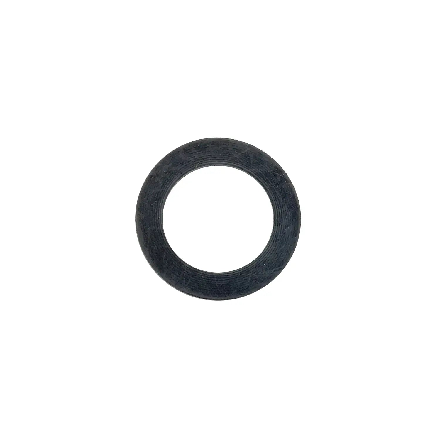 Black round rubber cap gasket with flat surface and circular hole in center.