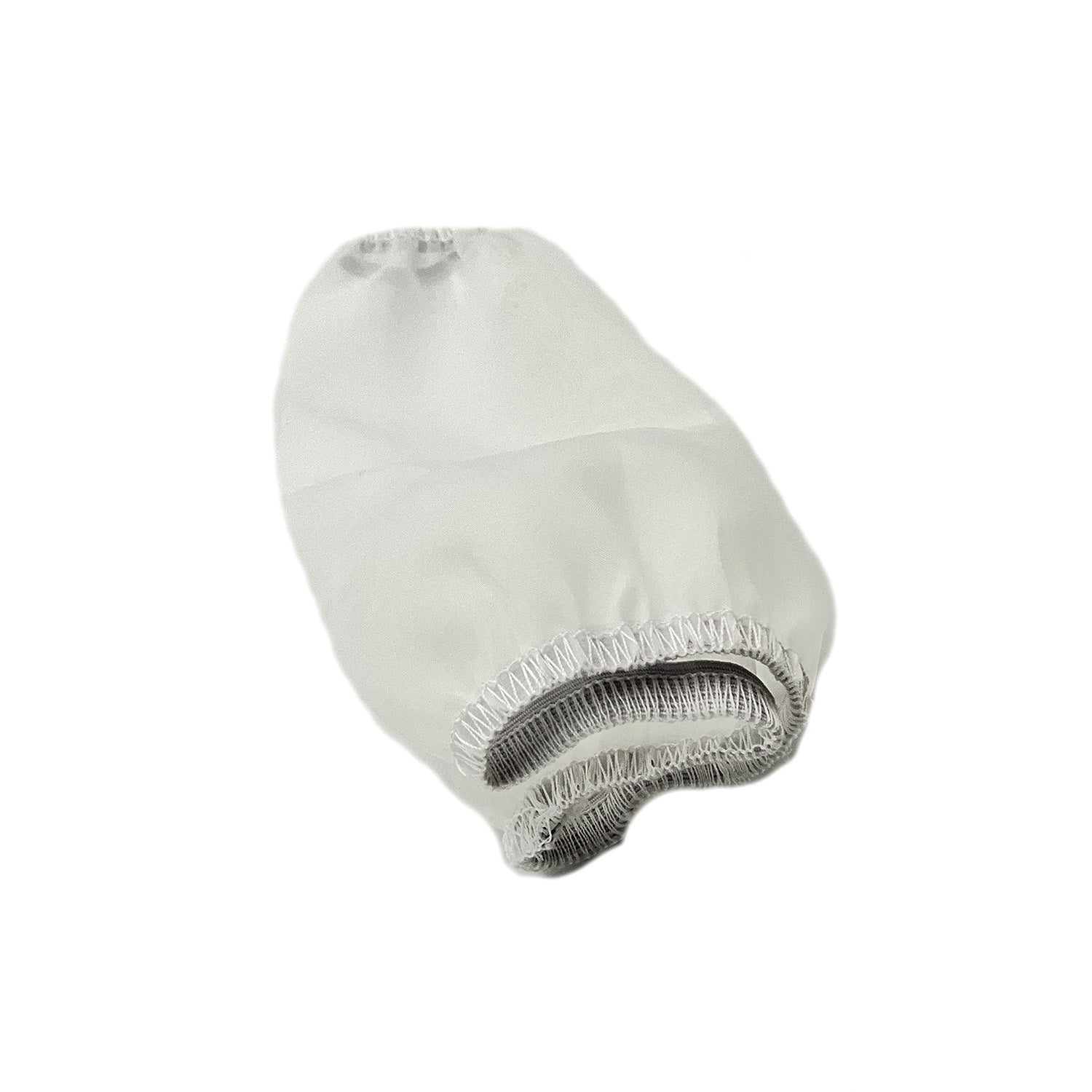 White cylindrical precleaner filter sleeve with elastic openings on both ends.