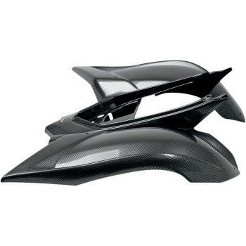 A pair of glossy, black carbon fiber look Maier Rear Fenders with sharp edges are stacked against a white background. Made from high-density polyethylene, these fenders offer durability and an OEM color-matched finish.