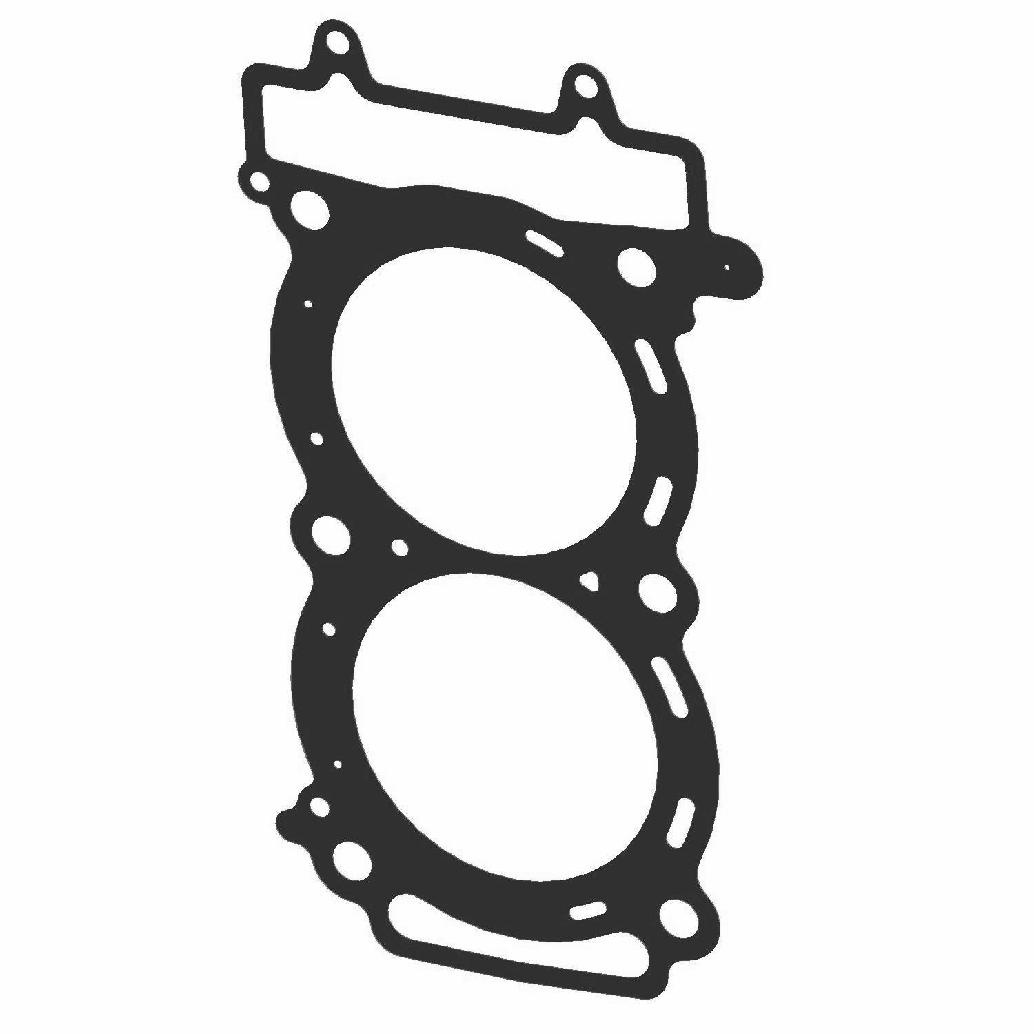 Black two-cylinder head gasket with dual circular openings and multiple bolt holes.