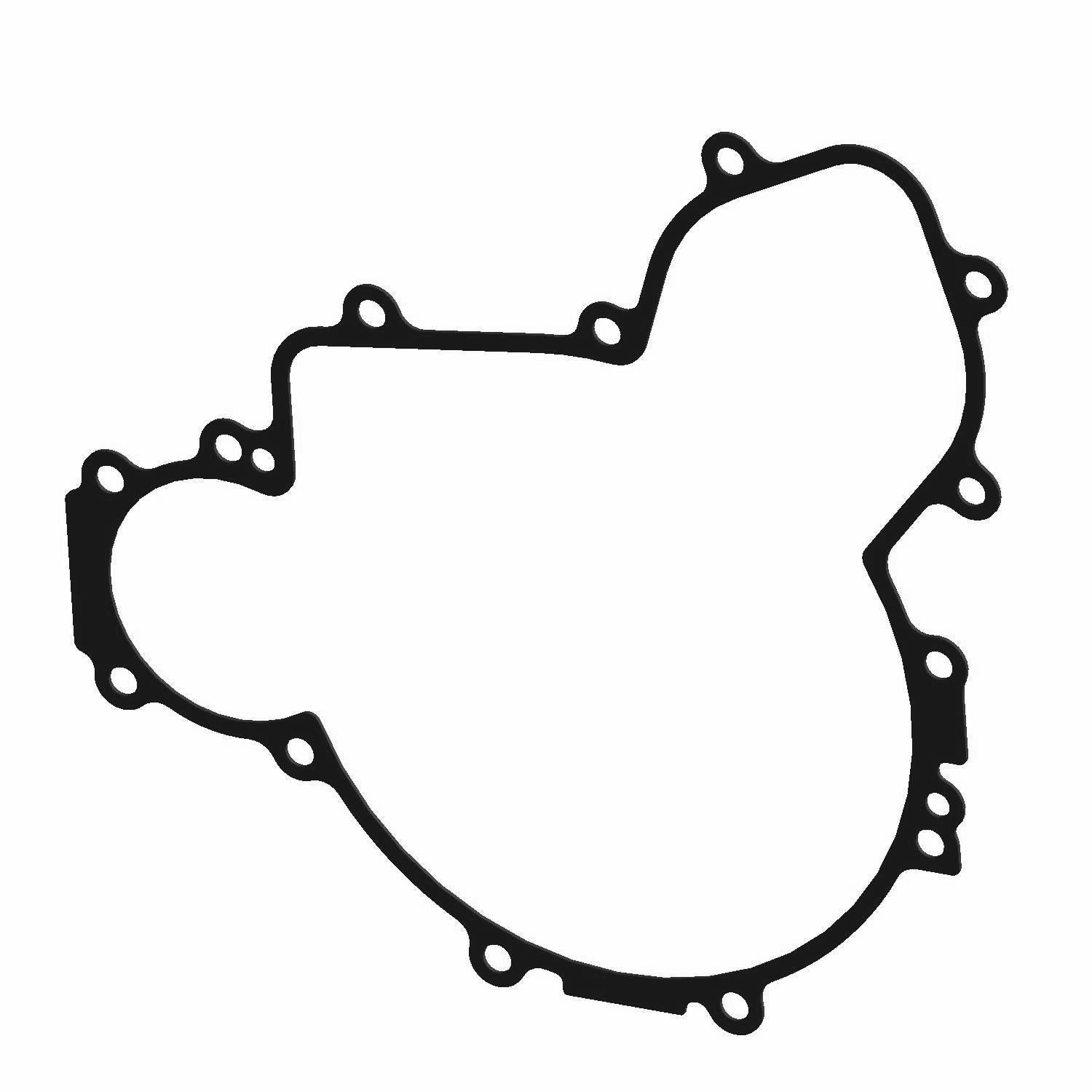 Black irregular-shaped ignition cover gasket with multiple bolt holes and a smooth rubber texture.