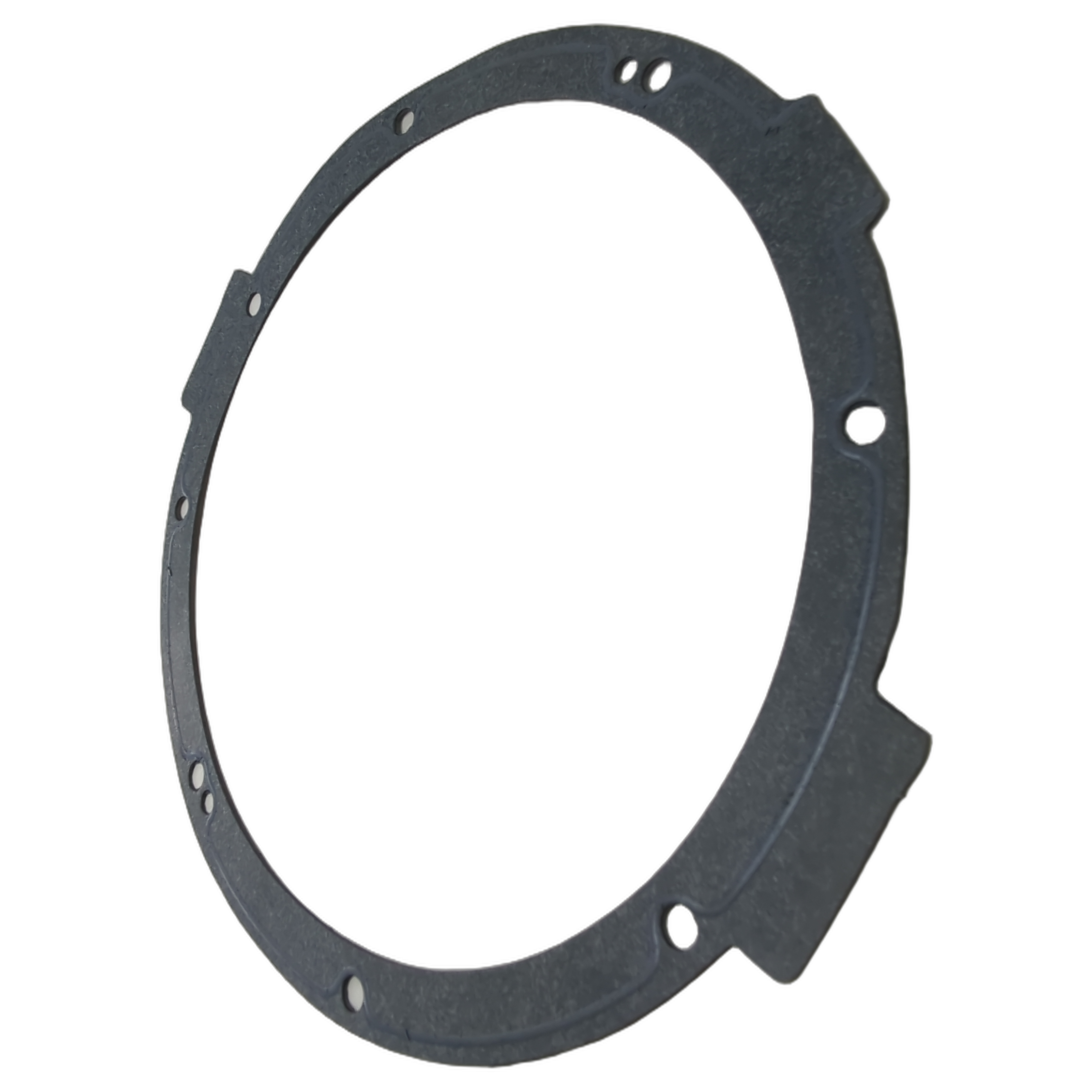 Black round stator gasket cover with multiple bolt holes and irregular edge tabs.