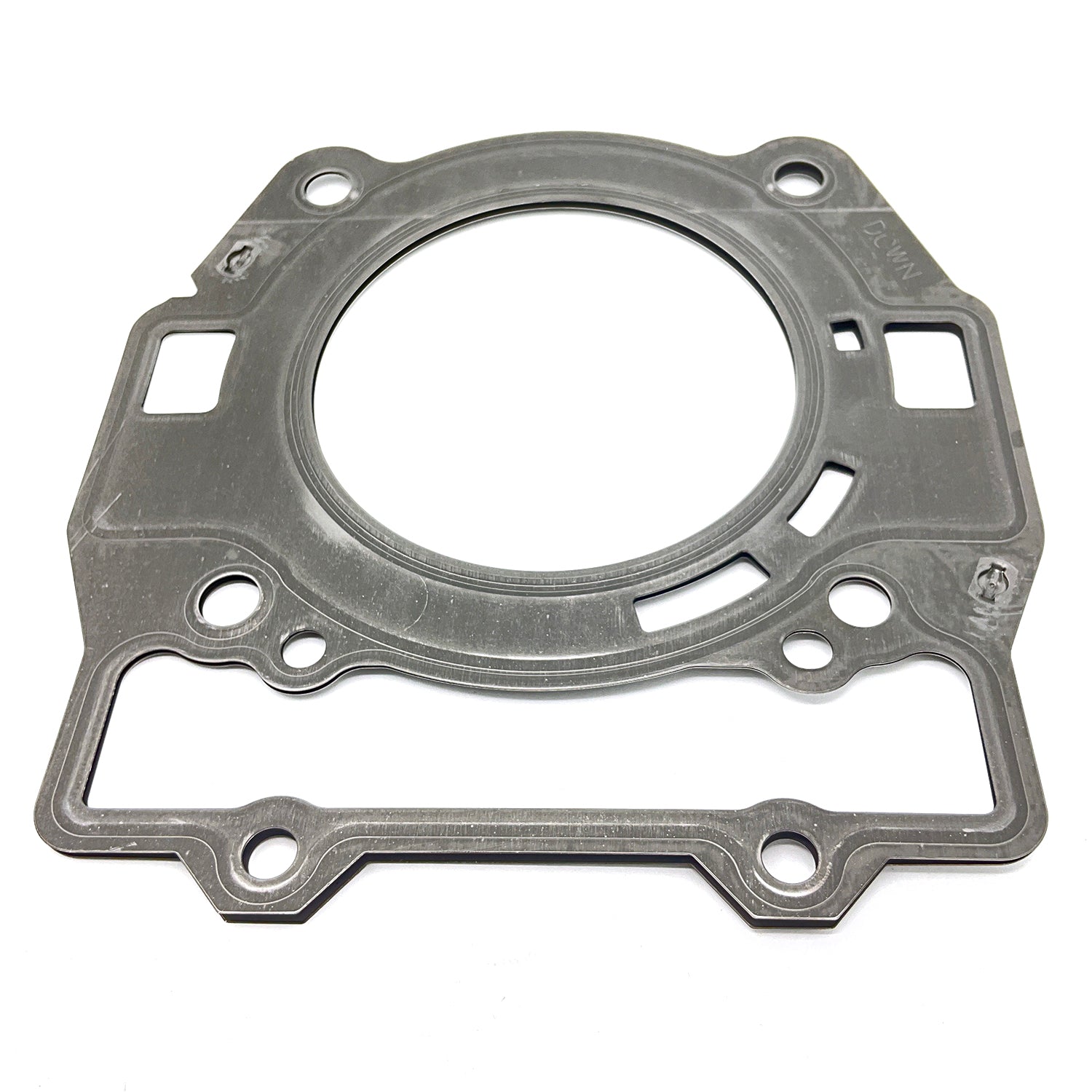 Gray metal cylinder head gasket with circular and rectangular cutouts, designed for Polaris UTV engines.
