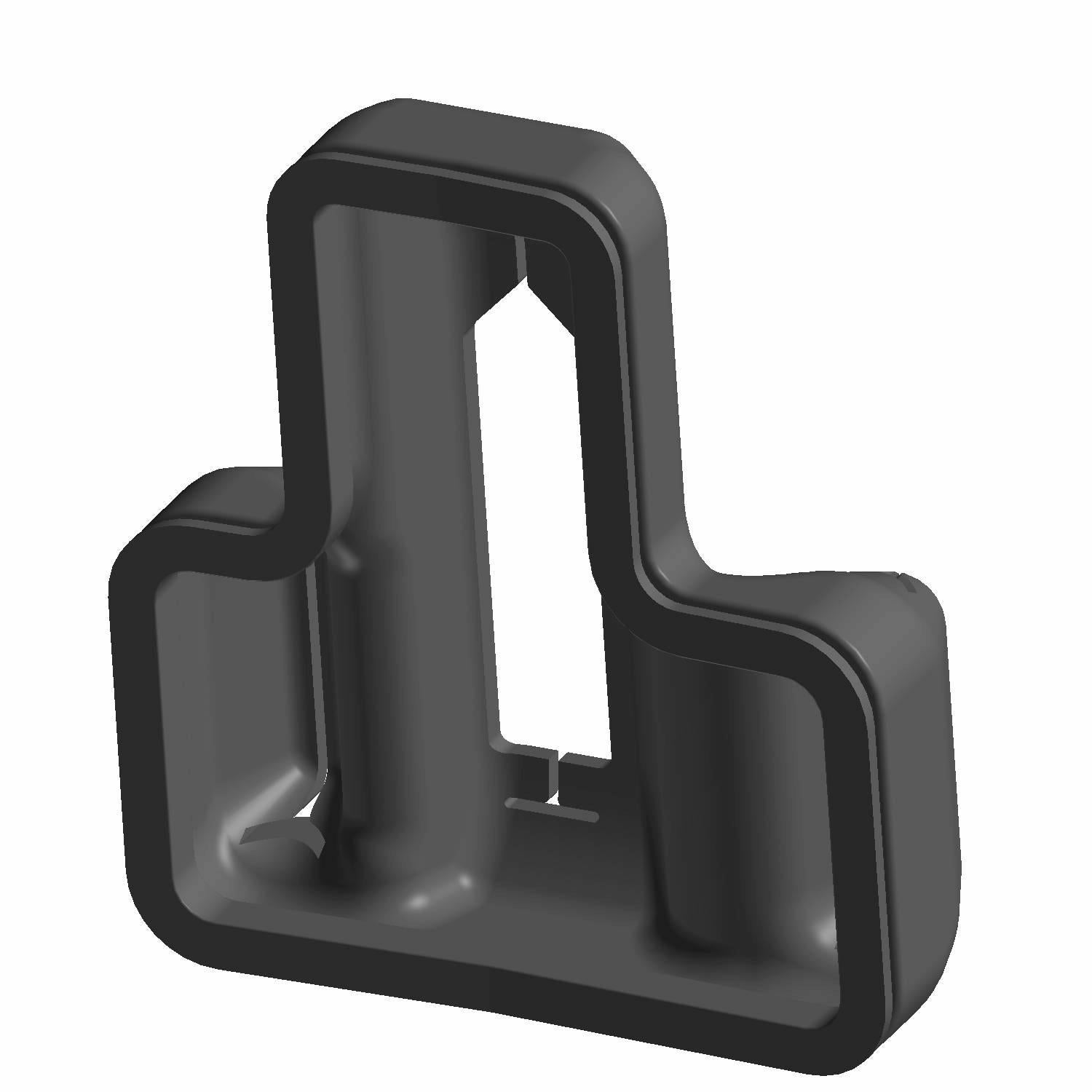 Black molded EPDM seatbelt cover with a contoured shape and central rectangular cutout.