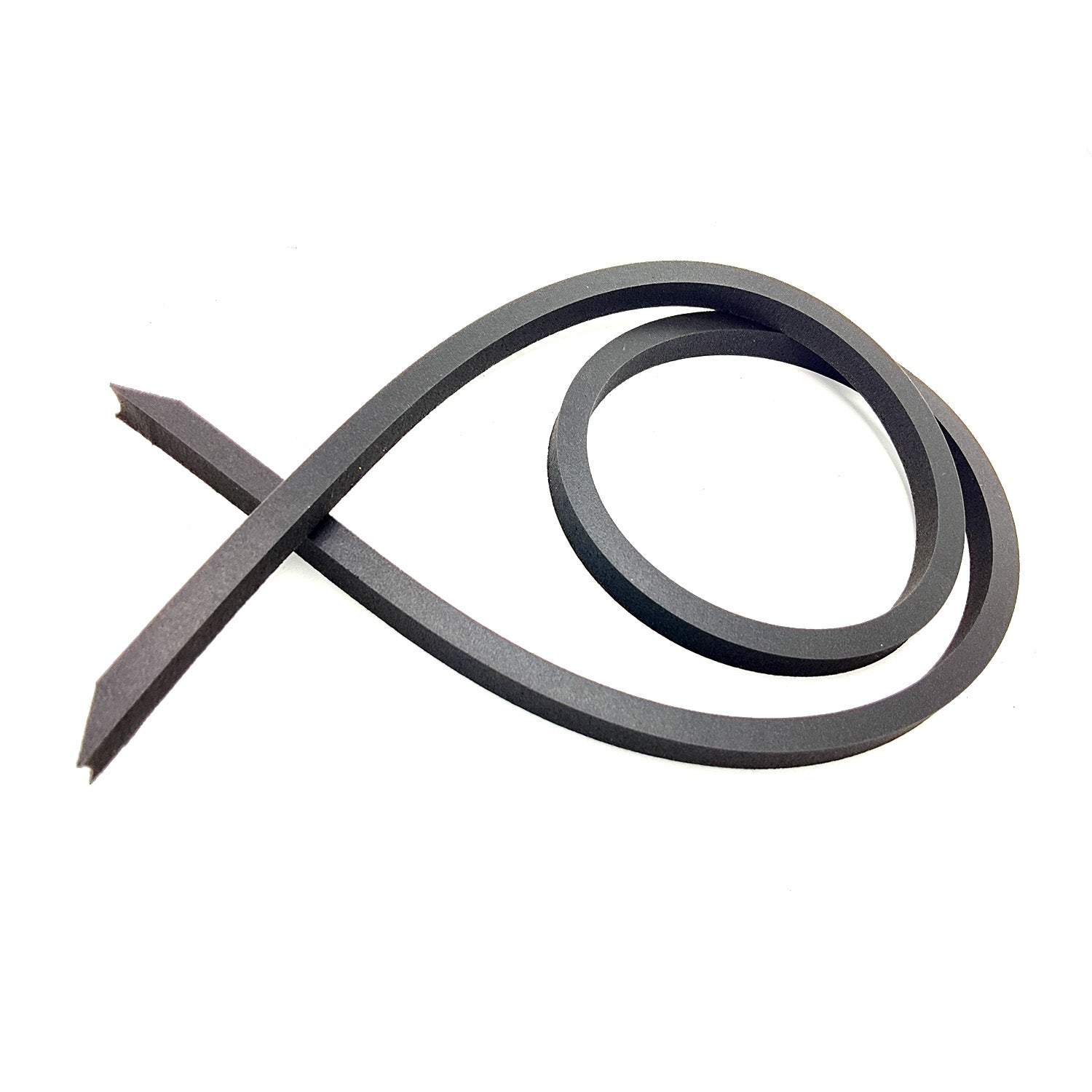 Black flexible rubber air box cover seal strip with flat cross section and tapered edges.