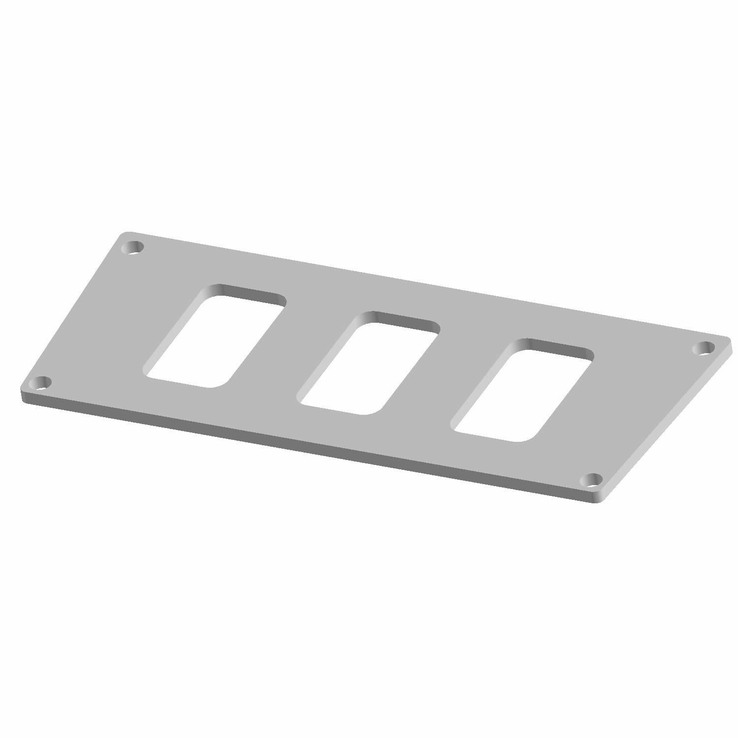 Gray metal switch plate with three rectangular cutouts and four mounting holes at corners.