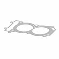 Silver-gray three-layer cylinder head gasket with two large circular openings and multiple smaller bolt holes.