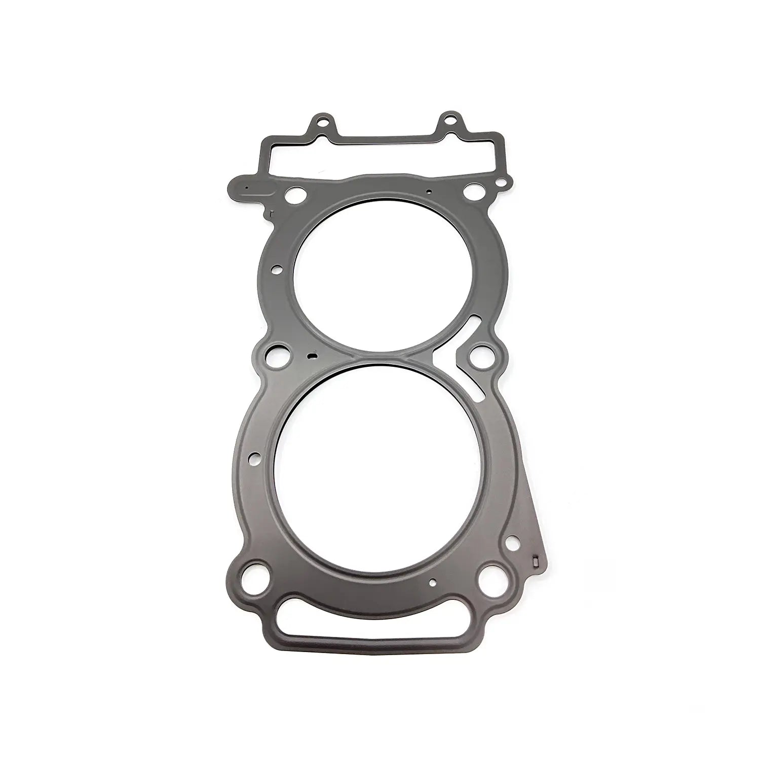 Metal cylinder head gasket with two large circular openings and multiple smaller holes for bolts and fluid passage.