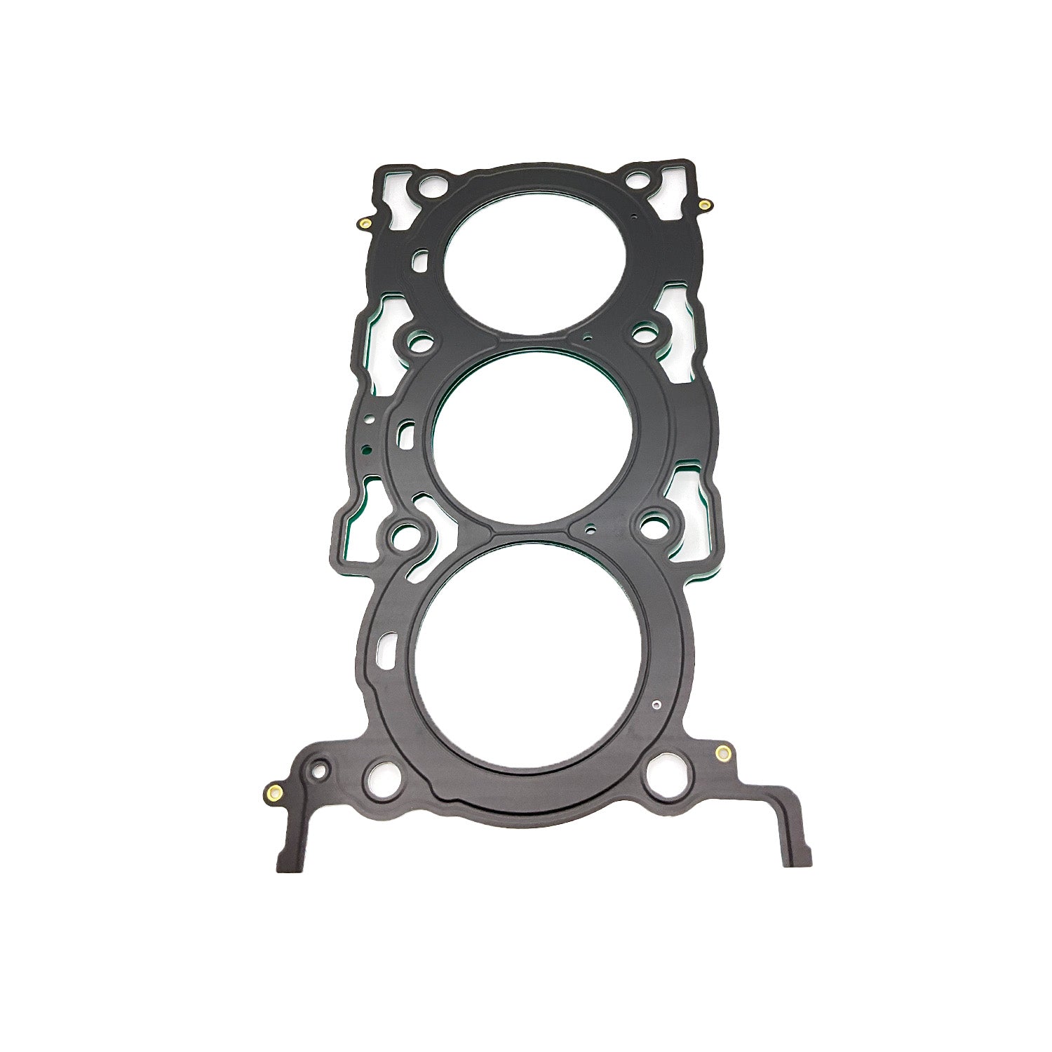 Black multi-layer steel head gasket with three large circular openings and several smaller holes for bolt and fluid passage.