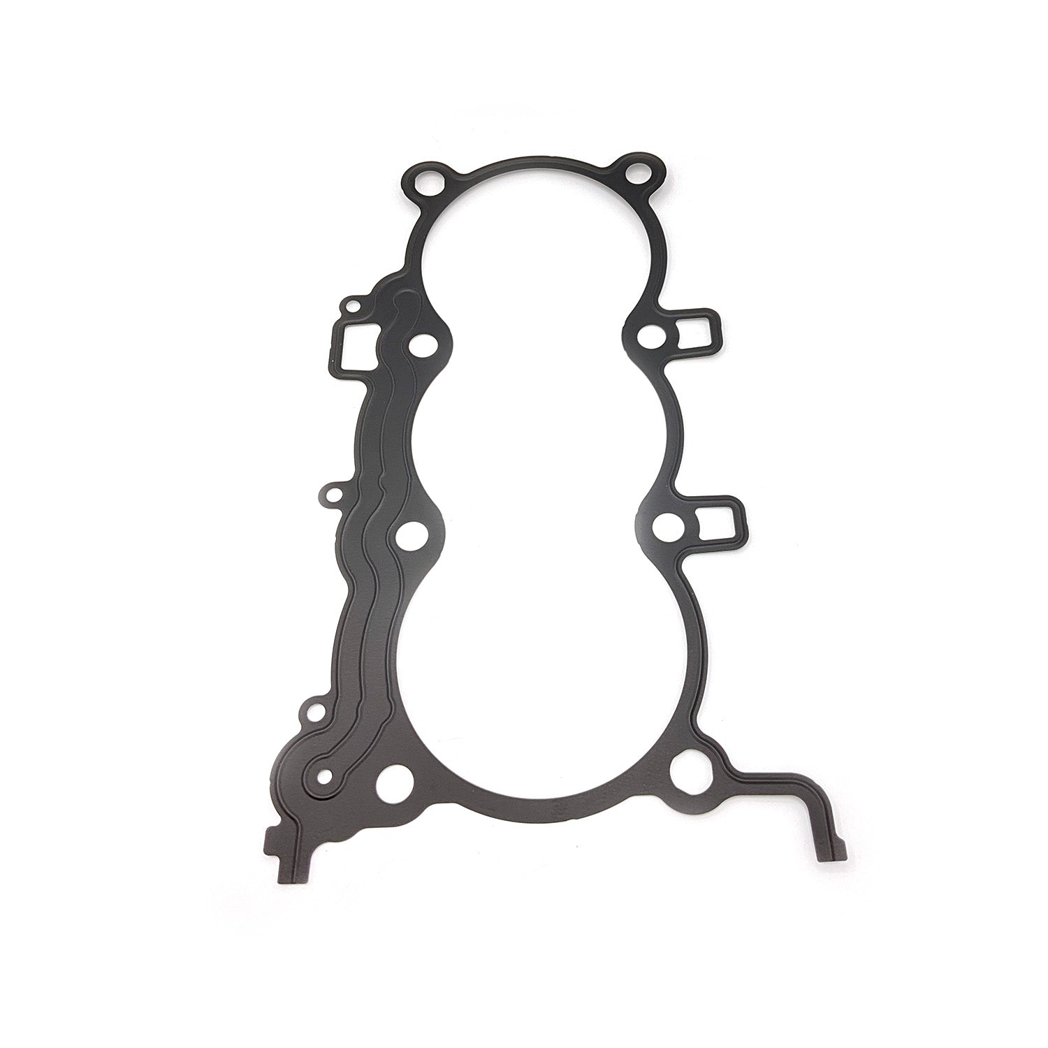 Black rubberized base gasket with multiple mounting holes and irregular shape for engine sealing.