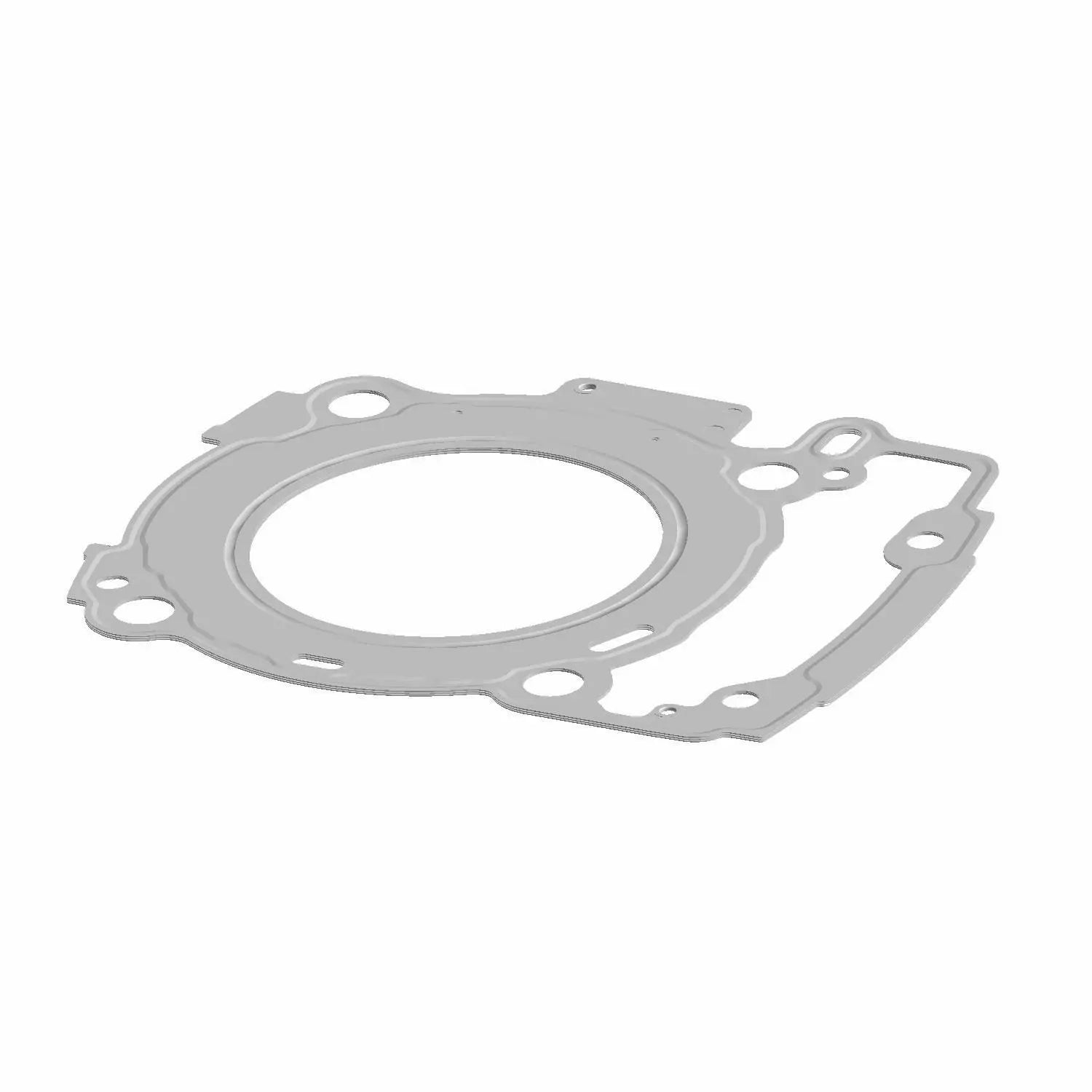 The Head Gasket, Rear Cylinder by Polaris is a thin, flat metallic gasket with multiple cutouts, designed for sealing rear cylinder head components in Indian Motorcycle engines using Polaris OEM parts.