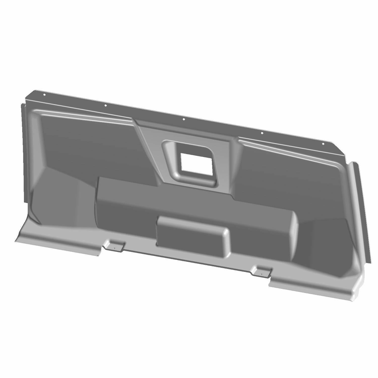 Gray molded plastic front roof liner with rectangular cutout and contoured design.