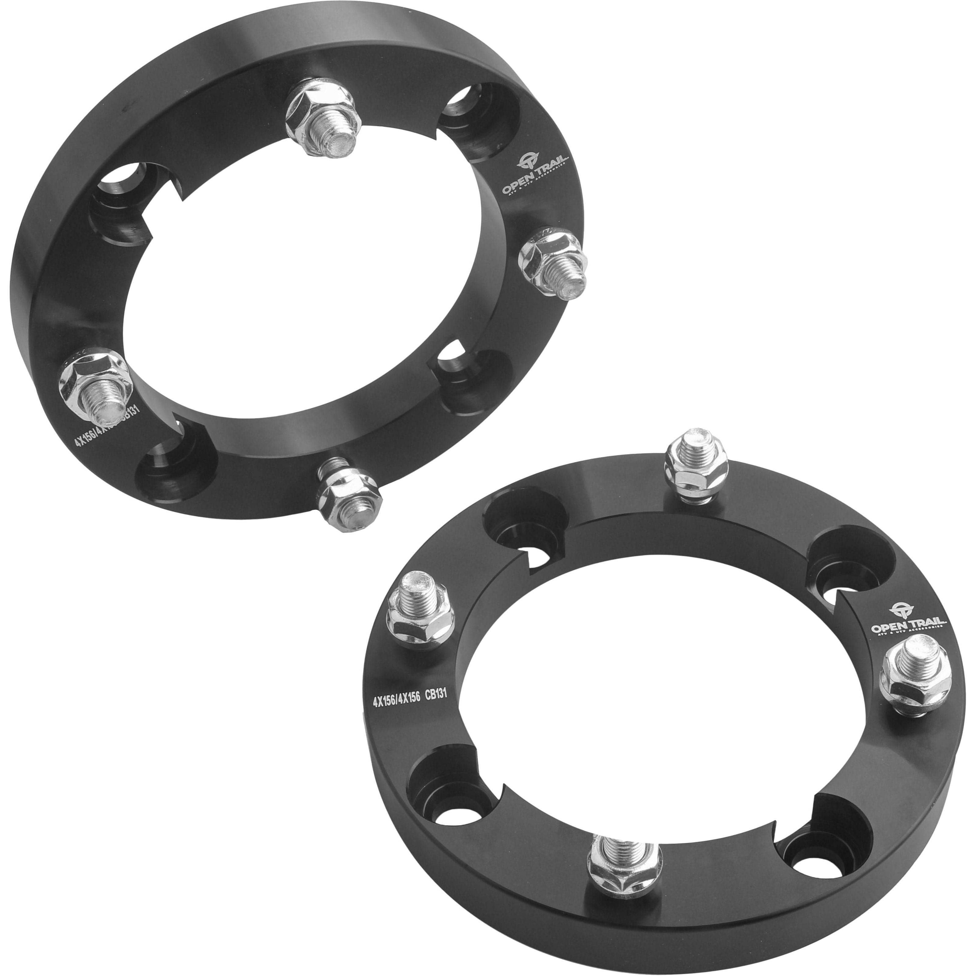 Two black, circular aluminum alloy Wheel Spacer 1 4/156 Stud: 12Mm x 1.5Mm by Open Trail with bolts and holes on a white background, designed to improve traction and stability for automotive or off-road vehicle wheels.