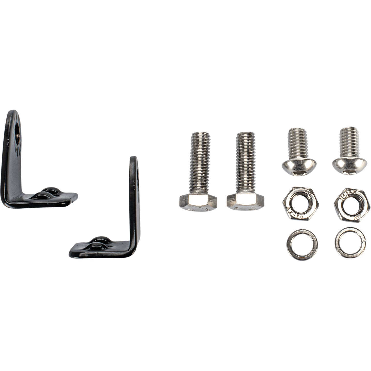 The Mounting Arm For Slimline Pair by Open Trail includes two black metal L-shaped brackets, two hex bolts, two small screws, two hex nuts, and two washers displayed on a plain background.