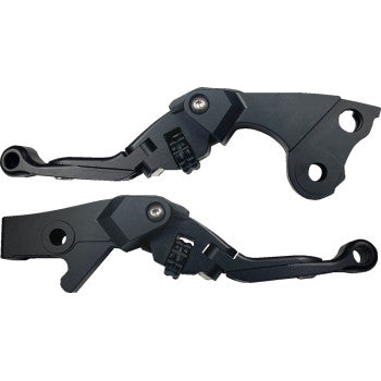 The Lever Set - Anthem - Pro - Black by PSR features two black, CNC-machined aluminum adjustable brake and clutch levers with a modern angular design, folding mechanisms, and visible mounting holes, shown side by side on a white background.