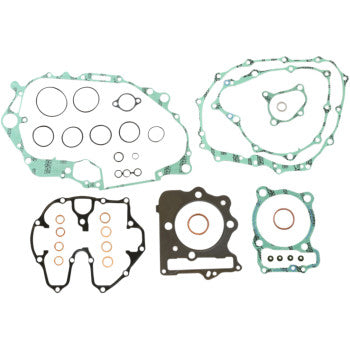 The Honda Complete Gasket Kit by Athena includes green, black, and metallic engine gaskets and seals—ideal for gasket sets or an engine rebuild—all neatly arranged on a white background.