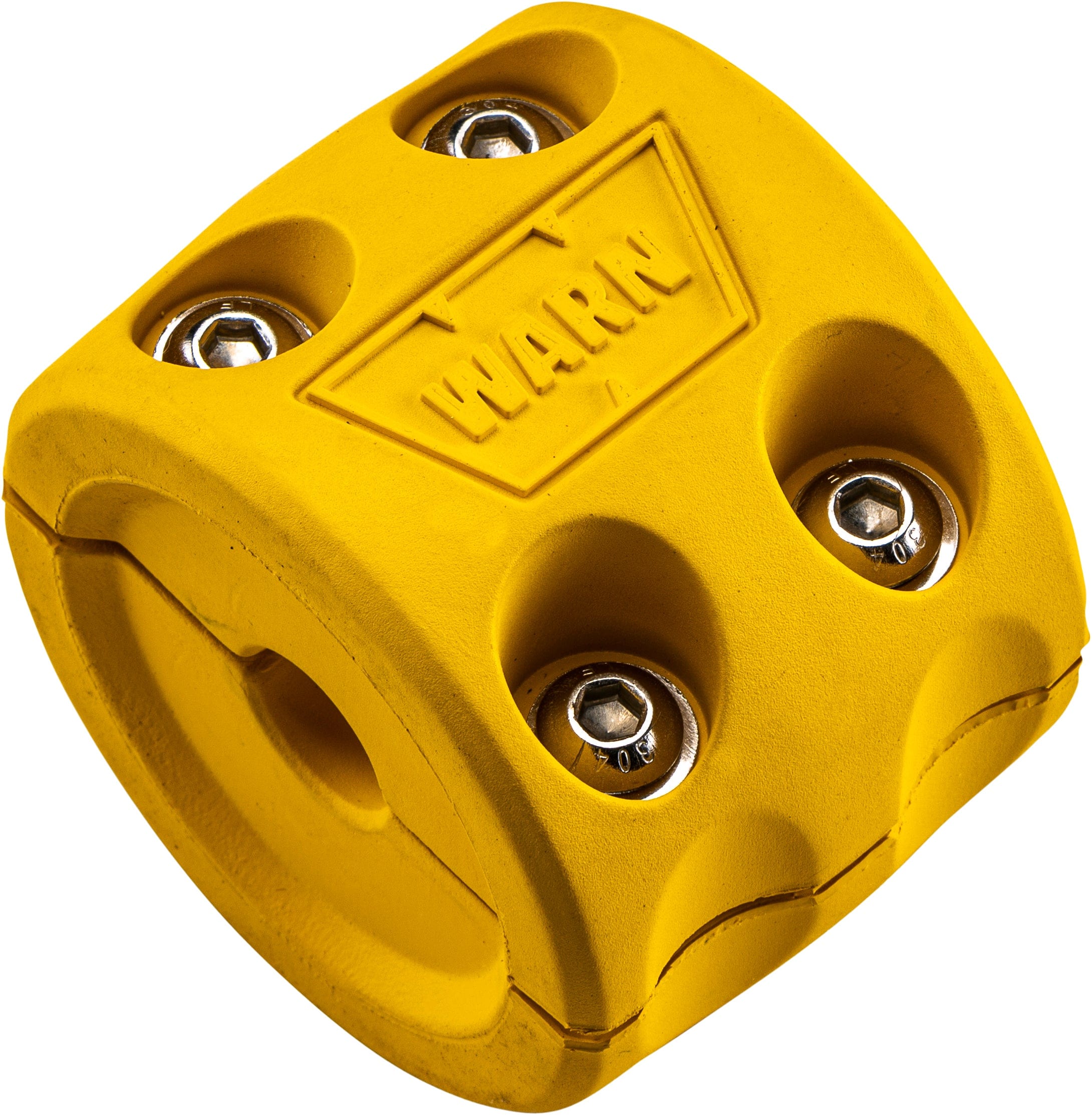 The Winch Hook Bump Stop Yellow By Warn is a yellow, block-shaped device with WARN embossed on top and four metal bolts in circular indents.