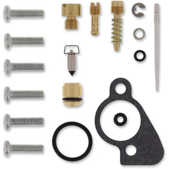 The Polaris Carburetor Repair Kit by Moose Offroad includes NBR O-rings, screws, brass fittings, OEM-size jets, gaskets, a spring, and small metal parts—neatly arranged on a white background.