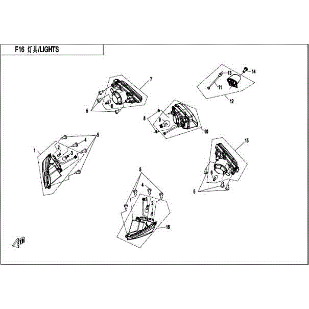 An Image of a genuine CFMOTO Parts Schematic Diagram showing the group - LIGHT - 2016 CFMOTO CFORCE 400