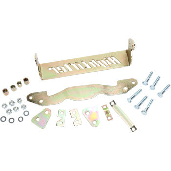 A set of metallic hardware—including brackets, bolts, nuts, washers, and a High Lifter plate—arranged on white; ideal for the Lift Kit Front Back 2.00 by High Lifter to increase ATV ground clearance.