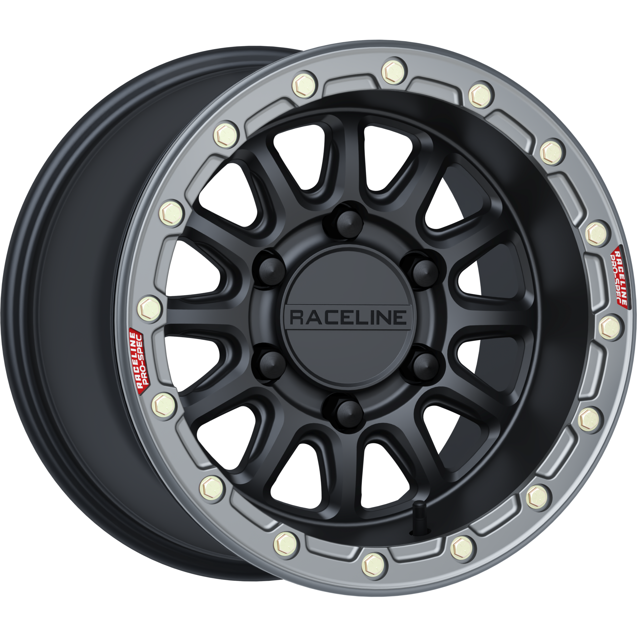 15x10 black ATV wheel with gunmetal outer ring and bolt accents, Raceline branded center cap.