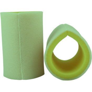 Two Yamaha Pre Oiled Air Filters by No Toil are shown: one upright, one on its side to display a teardrop-shaped hollow center, dual-tone green and yellow layers, and superior foam strength for lasting durability.