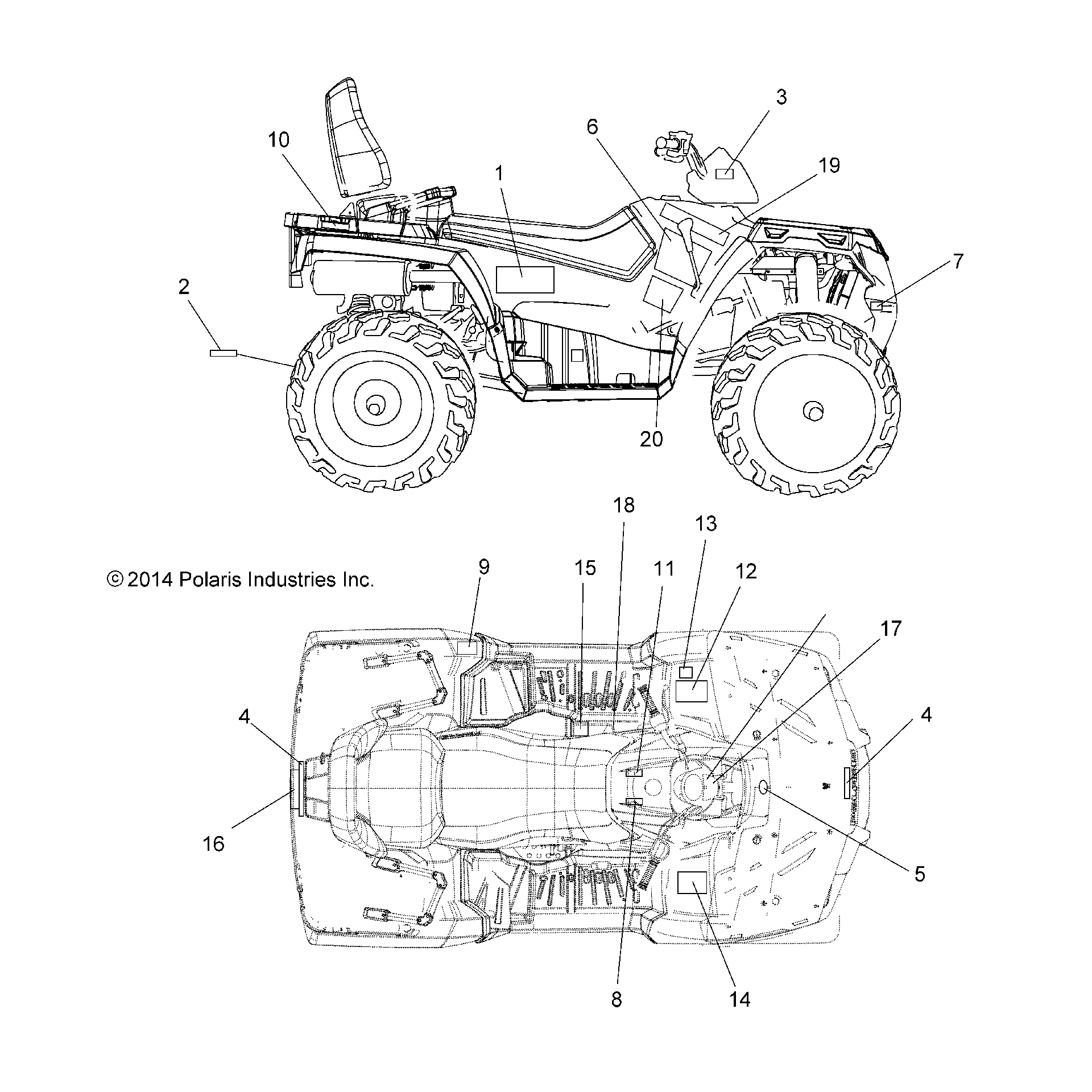 An Image of a Genuine Polaris Parts Schematic Diagram showing the schematic - BODY: DECALS - 2015 POLARIS SPORTSMAN TOURING 570 SP