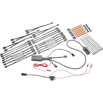 The Engine Lighting Kit - Shock & Awe® by Ciro, including LED lights, connectors, control box, adhesive pads, cable ties, and wiring for installation, is neatly displayed on a white background.