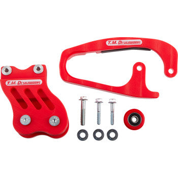 The Honda TRX Chain Guide Slider Red by T.M. Designworks includes a compression-injected plastic chain slider and guide, plus screws, washers, and roller—all shown on a white background.