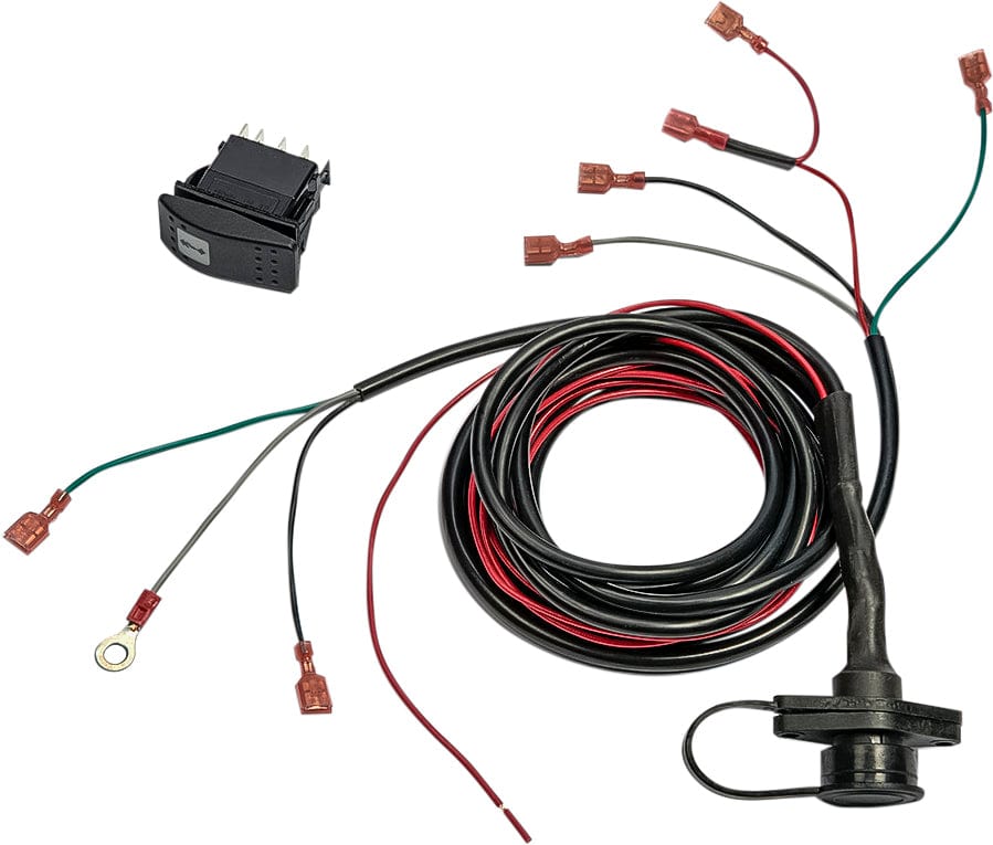 The Illuminated Dash Rocker Switch Kit by Warn, shown on a white background, includes a black rocker switch, red and green wires with connectors, a black cable bundle, and a metal ring terminal.