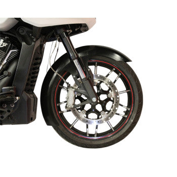 Close-up of a Klock Werks Fender Slicer - 16 / 19 installed on a motorcycle, highlighting the stamped steel fender, black tire with red stripe, disc brake, and precise craftsmanship of the mechanical components.