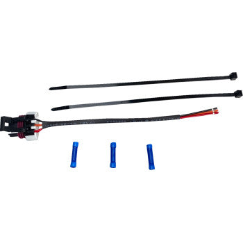Black wiring harness with red and black connectors and three blue wire connectors, accompanied by two black zip ties.