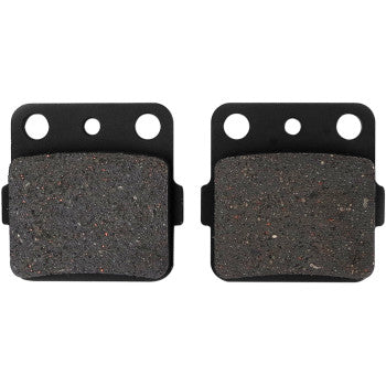 Brake Pads by Epi: These rectangular disc brake pads have black metal backing plates and textured carbon graphite friction surfaces with three round holes at the top—ideal as OEM replacement pads for reliable ATV braking.