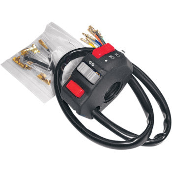 The Offroad Handlebar Switch Light Turn Kill by K&S Technologies features red and gray buttons for horn or turn signals, comes with attached black cables, and includes electrical connectors in a small plastic bag.