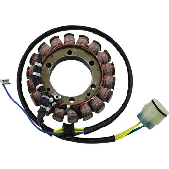 Honda OE style stator with copper coil windings, circular metal frame, and attached wiring harness with connector plug.