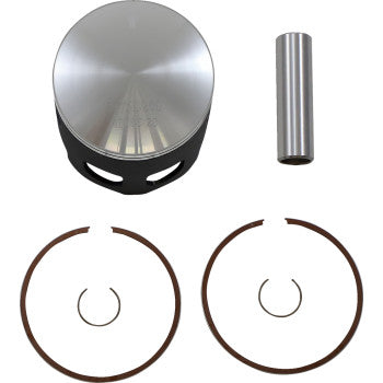 Silver metal piston with black skirt, silver piston pin, and two brown piston rings with clips.