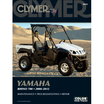 Cover of the Yamaha Rhino Manual by Clymer, showing a white side-by-side in a desert. Includes maintenance, troubleshooting, and repair guidance for Yamaha Rhino 700 (2008-2012).
