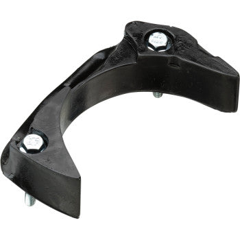 The Suzuki Poly Case Saver by Moose Offroad is a black, crescent-shaped, energy-absorbing polyurethane bracket with two silver bolts, made in the USA, ideal for securing or mounting cylindrical objects like pipes.