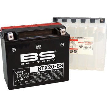 A black Battery - BTX20-BS (YTX) by Bs Battery sits next to a clear acid pack. The maintenance-free label lists 12V, 18.9Ah, and 270A, designed for long cycle life in motorcycles.