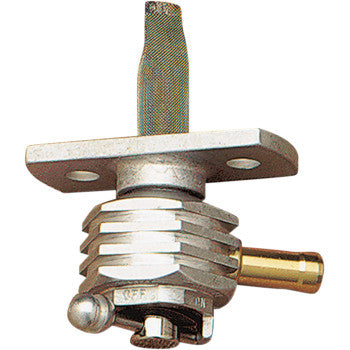 A close-up of the Pingel Power Flo™ Petcock Fuel Valve for Yamaha, Kawasaki, and Suzuki shows its bottom lever, cylindrical filter, mounting plate with holes, and right-side brass fuel outlet tube.