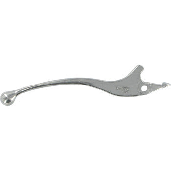 The Lever Right Hand Polished by Moose Offroad is a shiny, curved cast aluminum alloy motorcycle brake or clutch lever with a mounting hole, rounded end, and anti-friction bronze bushing, shown on a plain white background.
